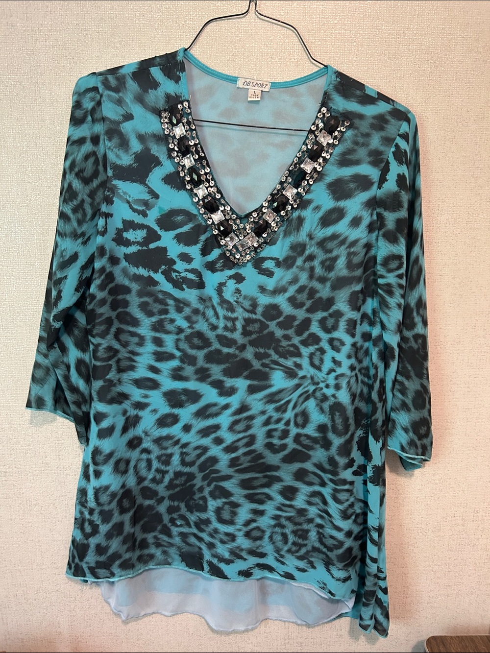 Beaded V-Neck Leopard Print Tunic - Teal